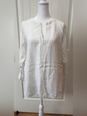 Eileen Fisher Linen Viscose Blend Tunic Top White Women’s Size Medium Coastal